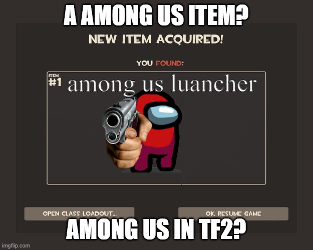 You got tf2 shit | A AMONG US ITEM? among us luancher; AMONG US IN TF2? | image tagged in you got tf2 shit | made w/ Imgflip meme maker