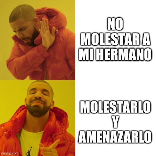 Yo : | NO MOLESTAR A MI HERMANO; MOLESTARLO Y AMENAZARLO | image tagged in drake blank | made w/ Imgflip meme maker