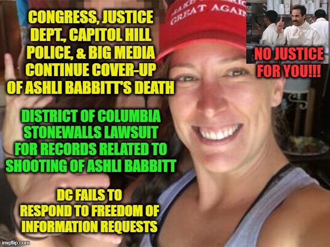 Unjustified Jan. 6 Killing of Unarmed Veteran: Like it Never Even Happened | CONGRESS, JUSTICE DEPT., CAPITOL HILL POLICE, & BIG MEDIA CONTINUE COVER-UP OF ASHLI BABBITT'S DEATH; NO JUSTICE FOR YOU!!! DISTRICT OF COLUMBIA STONEWALLS LAWSUIT FOR RECORDS RELATED TO SHOOTING OF ASHLI BABBITT; DC FAILS TO RESPOND TO FREEDOM OF INFORMATION REQUESTS | image tagged in ashli babbitt,capitol riot,congress,justice dept,capitol hill police | made w/ Imgflip meme maker