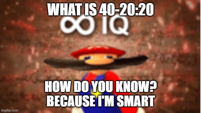 Infinite IQ | WHAT IS 40-20:20; HOW DO YOU KNOW?
BECAUSE I'M SMART | image tagged in infinite iq | made w/ Imgflip meme maker