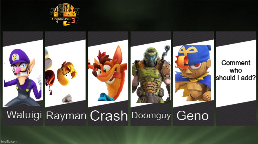 If there was a fighter pass 3 in smash bros | Comment who
should I add? Rayman; Crash; Doomguy; Geno; Waluigi | image tagged in super smash bros,fun,creativity,funny,gaming | made w/ Imgflip meme maker