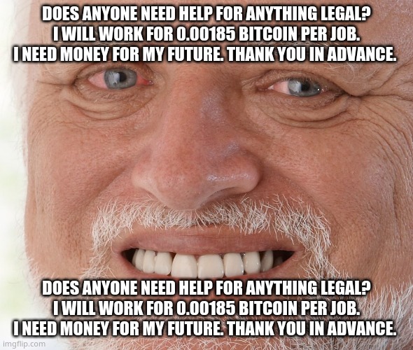 Does anyone need help for anything legal? I will work for 0.00185 bitcoin per job. I need money for my future. Thank you in adva | DOES ANYONE NEED HELP FOR ANYTHING LEGAL? I WILL WORK FOR 0.00185 BITCOIN PER JOB. I NEED MONEY FOR MY FUTURE. THANK YOU IN ADVANCE. DOES ANYONE NEED HELP FOR ANYTHING LEGAL? I WILL WORK FOR 0.00185 BITCOIN PER JOB. I NEED MONEY FOR MY FUTURE. THANK YOU IN ADVANCE. | image tagged in hide the pain harold | made w/ Imgflip meme maker