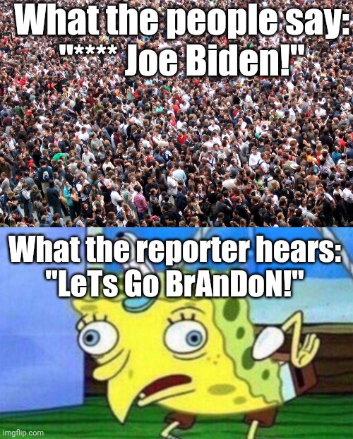 Get her some hearing aids! | What the people say:
"**** Joe Biden!"; What the reporter hears:
"LeTs Go BrAnDoN!" | image tagged in crowd of people,spongebob stupid,libtards,creepy joe biden,make america great again | made w/ Imgflip meme maker