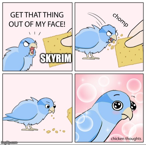 I got it yesterday, and I’m having fun despite not knowing what I’m doing. | SKYRIM | image tagged in bird cracker | made w/ Imgflip meme maker