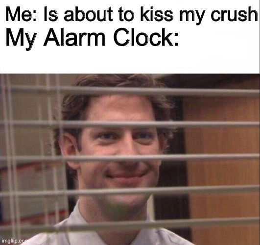 well |  My Alarm Clock:; Me: Is about to kiss my crush | image tagged in jim halpert,the office,funny,memes,alarm clock,oh wow are you actually reading these tags | made w/ Imgflip meme maker