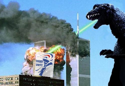 [In which Kaiju Party investigators level-headedly examine the mysterious origins of RUP’s sudden collapse; Oct. 2021 colorized] | image tagged in godzilla 9/11,rup,right unity,unsolved mysteries,9/11,return of kaiju | made w/ Imgflip meme maker