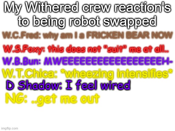 they got s w i t c h e d | My Withered crew reaction's to being robot swapped; W.C.Fred: why am I a FRICKEN BEAR NOW; W.S.Foxy: this does not "suit" me at all.. W.B.Bun: MWEEEEEEEEEEEEEEEEEH-; W.T.Chica: *wheezing intensifies*; D Shadow: I feel wired; NG: ..get me out | image tagged in blank white template | made w/ Imgflip meme maker