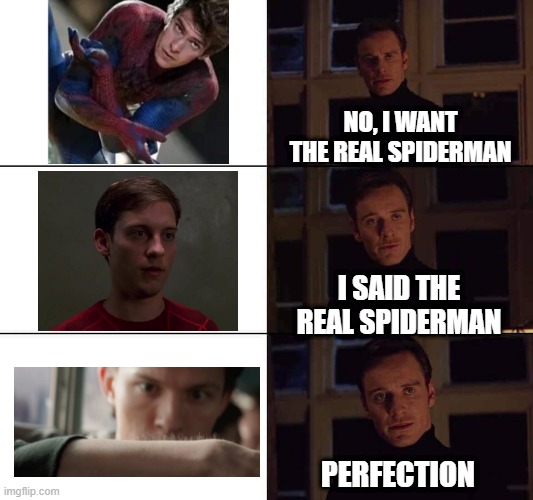 Debatable | NO, I WANT THE REAL SPIDERMAN; I SAID THE REAL SPIDERMAN; PERFECTION | image tagged in i want the real | made w/ Imgflip meme maker