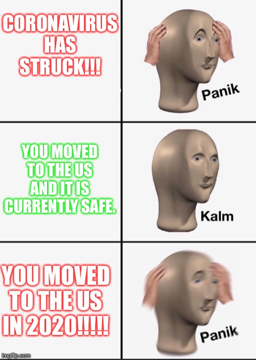 Panik Kalm Panik (CORONAVIRUS EDITION) | CORONAVIRUS HAS STRUCK!!! YOU MOVED TO THE US AND IT IS CURRENTLY SAFE. YOU MOVED TO THE US IN 2020!!!!! | image tagged in panik | made w/ Imgflip meme maker