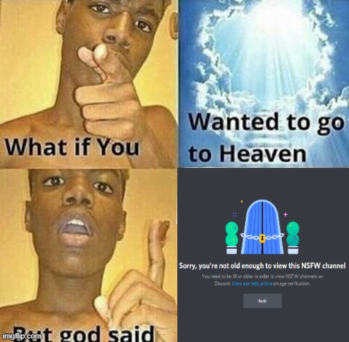 Guess imma go to hell. | image tagged in what if you wanted to go to heaven,discord,nsfw,heaven | made w/ Imgflip meme maker