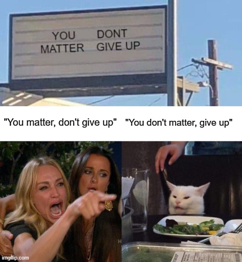 i know | "You matter, don't give up"; "You don't matter, give up" | image tagged in memes,woman yelling at cat,you had one job,fails,design fails | made w/ Imgflip meme maker