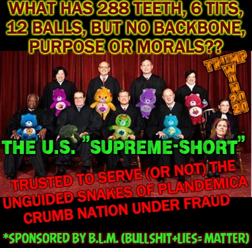 The U.S. Regime Thwart | WHAT HAS 288 TEETH, 6 TITS,
12 BALLS, BUT NO BACKBONE,
PURPOSE OR MORALS?? TRUMP
  W
  O
  N
  20
  20; TRUSTED TO SERVE (OR NOT) THE
UNGUIDED SNAKES OF PLANDEMICA

CRUMB NATION UNDER FRAUD; THE U.S. "SUPREME-SHORT"; *SPONSORED BY B.L.M. (BULLSHIT+LIES= MATTER) | image tagged in useless slobs in their prison garb,supreme court,voter fraud,election fraud,not my pedophile,traitors | made w/ Imgflip meme maker