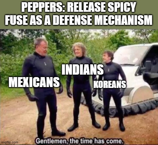 Gentlemen, the time has come | PEPPERS: RELEASE SPICY FUSE AS A DEFENSE MECHANISM; INDIANS; MEXICANS; KOREANS | image tagged in gentlemen the time has come | made w/ Imgflip meme maker