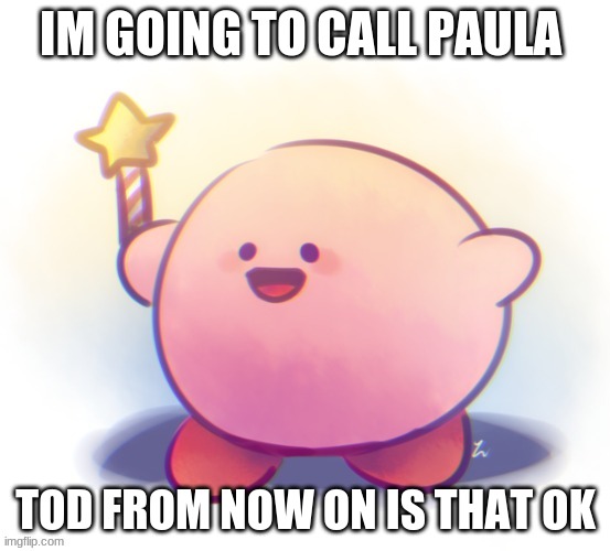 kirb | IM GOING TO CALL PAULA; TOD FROM NOW ON IS THAT OK | image tagged in kirb | made w/ Imgflip meme maker