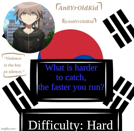 An8YrOldKid Announcement Template v3 | What is harder to catch, the faster you run? Difficulty: Hard | image tagged in credit to cheesecaketherat,if you wanna take your mind off paula or something | made w/ Imgflip meme maker