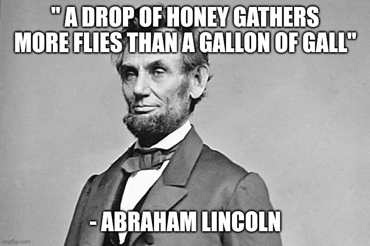 Abe Lincoln |  " A DROP OF HONEY GATHERS MORE FLIES THAN A GALLON OF GALL"; - ABRAHAM LINCOLN | image tagged in abe lincoln | made w/ Imgflip meme maker