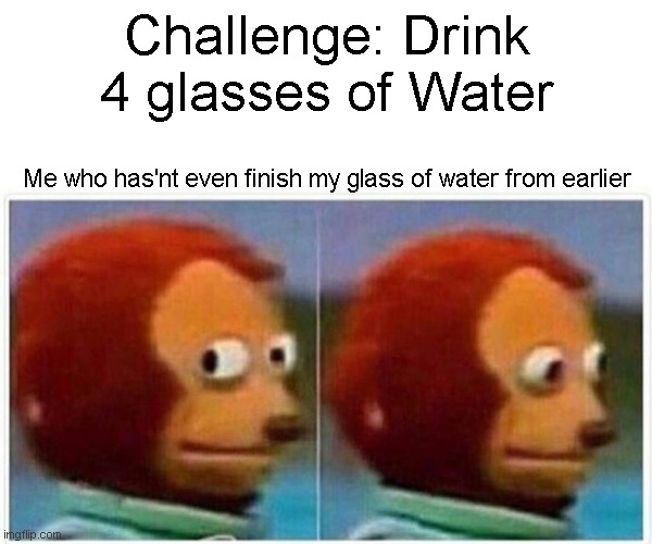 Monkey Puppet Meme | Challenge: Drink 4 glasses of Water; Me who has'nt even finish my glass of water from earlier | image tagged in memes,monkey puppet,relatable | made w/ Imgflip meme maker
