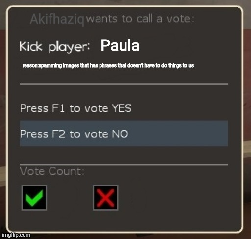 vote ban/vote kick | Akifhaziq; Paula; reason:spamming images that has phrases that doesn't have to do things to us | image tagged in vote ban/vote kick | made w/ Imgflip meme maker