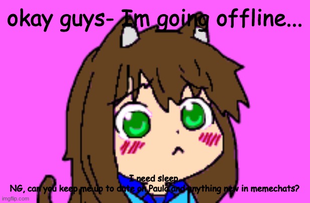 Kawaii Luna | okay guys- Im going offline... I need sleep.
NG, can you keep me up to date on Paula and anything new in memechats? | image tagged in kawaii luna | made w/ Imgflip meme maker