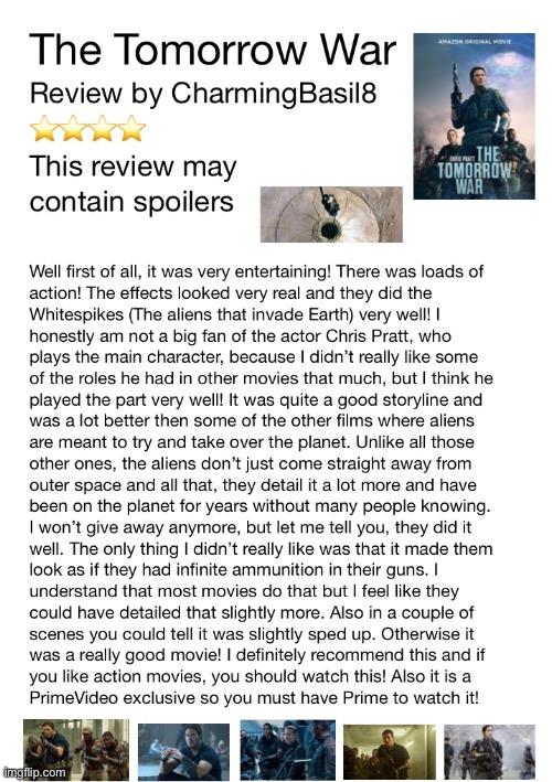 The Tomorrow War - Movie Review | image tagged in moviereviews,review,movie,prime | made w/ Imgflip meme maker