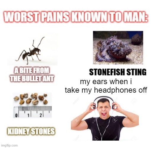 most painful things known to man | my ears when i take my headphones off | image tagged in most painful things known to man | made w/ Imgflip meme maker