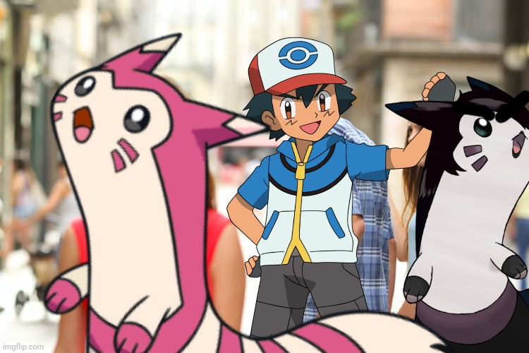 Distracted Ash | image tagged in ash ketchum,pokemon,furret | made w/ Imgflip meme maker