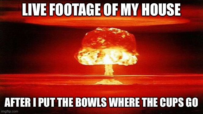 Atomic Bomb | LIVE FOOTAGE OF MY HOUSE AFTER I PUT THE BOWLS WHERE THE CUPS GO | image tagged in atomic bomb | made w/ Imgflip meme maker