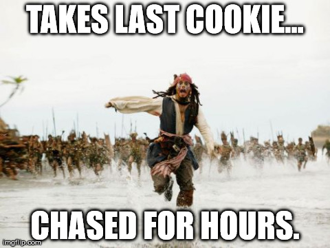 Jack Sparrow Being Chased Meme | TAKES LAST COOKIE... CHASED FOR HOURS. | image tagged in memes,jack sparrow being chased | made w/ Imgflip meme maker