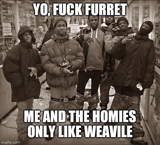 Weavile Squad here to start a war! | YO, FUCK FURRET ME AND THE HOMIES ONLY LIKE WEAVILE | image tagged in all my homies hate | made w/ Imgflip meme maker