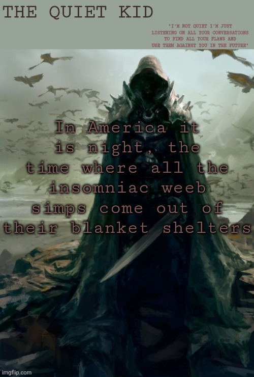 Ahem, BUBONIC AND GUMMYWORM, ahem | In America it is night, the time where all the insomniac weeb simps come out of their blanket shelters | image tagged in quiet kid | made w/ Imgflip meme maker