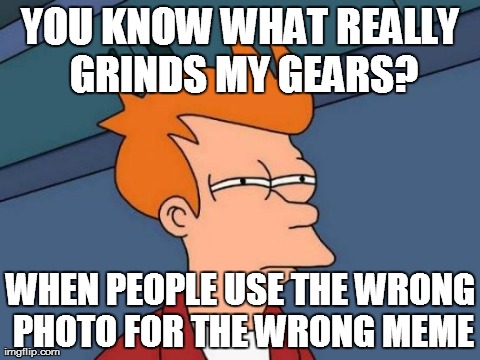 Totally not a hypocrite  | YOU KNOW WHAT REALLY GRINDS MY GEARS? WHEN PEOPLE USE THE WRONG PHOTO FOR THE WRONG MEME | image tagged in memes,futurama fry | made w/ Imgflip meme maker