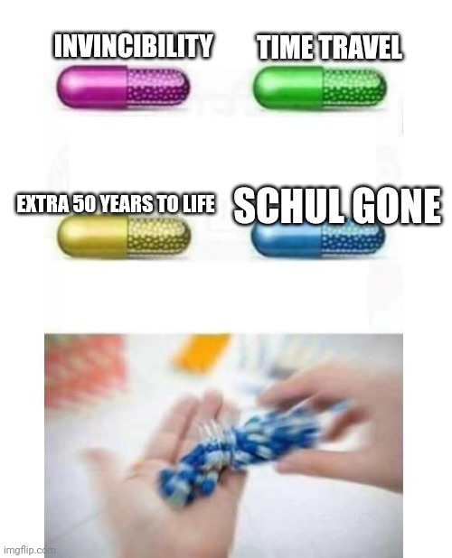 blank pills meme | TIME TRAVEL; INVINCIBILITY; SCHUL GONE; EXTRA 50 YEARS TO LIFE | image tagged in blank pills meme | made w/ Imgflip meme maker