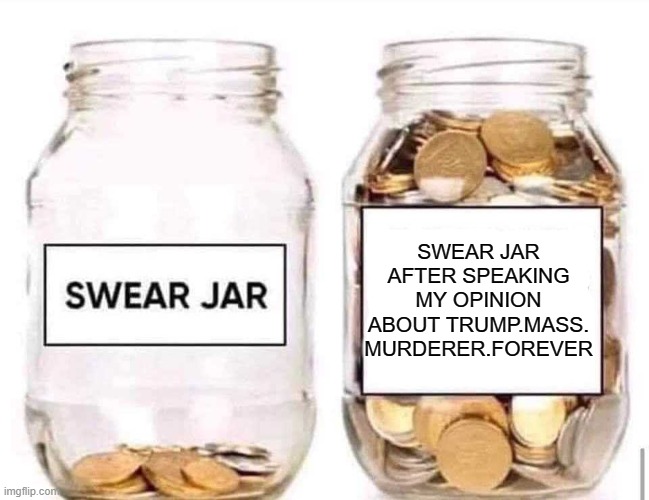 Swear Jar | SWEAR JAR AFTER SPEAKING MY OPINION ABOUT TRUMP.MASS. MURDERER.FOREVER | image tagged in swear jar | made w/ Imgflip meme maker