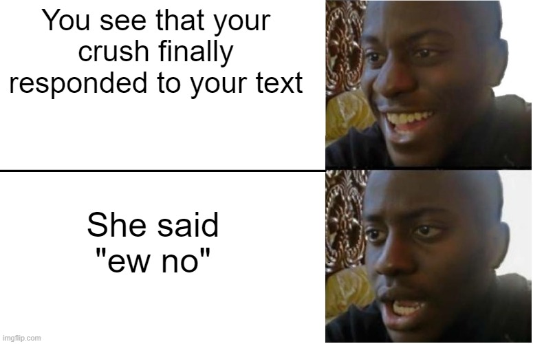 Disappointed Black Guy | You see that your crush finally responded to your text; She said "ew no" | image tagged in disappointed black guy | made w/ Imgflip meme maker