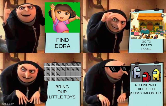 FIND HER | FIND DORA; GO TO DORA'S HOUSE; NO ONE WILL EXPECT THE SUSSY IMPOSTOR; BRING OUR LITTLE TOYS | image tagged in memes,gru's plan | made w/ Imgflip meme maker