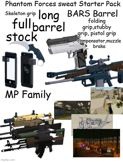 this took forever to make | Phantom Forces sweat Starter Pack; BARS Barrel; Skeleton grip; long barrel; full stock; folding grip,stubby grip, pistol grip; compensator,muzzle brake; MP Family | image tagged in blank white template,starter pack,memes,roblox,phantom forces | made w/ Imgflip meme maker