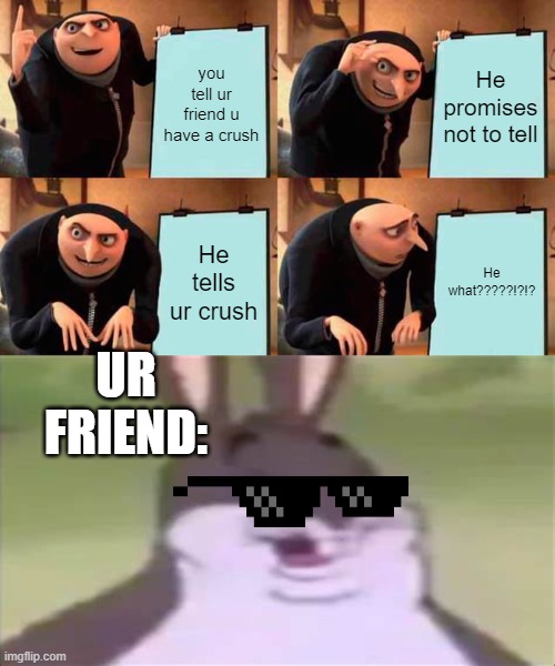 my friends plan | you tell ur friend u have a crush; He promises not to tell; He tells ur crush; He what?????!?!? UR FRIEND: | image tagged in memes,gru's plan | made w/ Imgflip meme maker