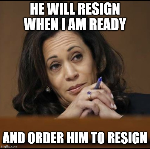Kamala Harris  | HE WILL RESIGN WHEN I AM READY AND ORDER HIM TO RESIGN | image tagged in kamala harris | made w/ Imgflip meme maker