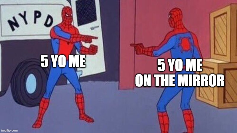 spiderman pointing at spiderman | 5 YO ME; 5 YO ME ON THE MIRROR | image tagged in spiderman pointing at spiderman | made w/ Imgflip meme maker