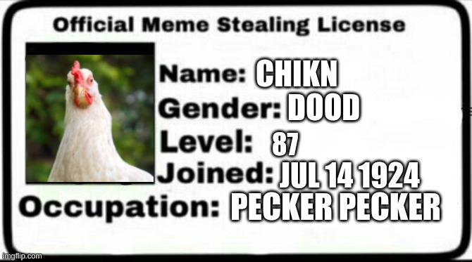 *insert stonks happy meal* | CHIKN; DOOD; 87; JUL 14 1924; PECKER PECKER | image tagged in meme stealing license | made w/ Imgflip meme maker