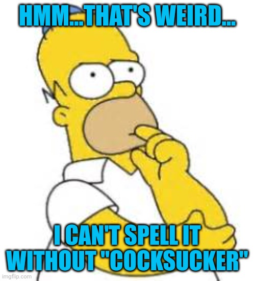 Homer Simpson Hmmmm | HMM...THAT'S WEIRD... I CAN'T SPELL IT WITHOUT "COCKSUCKER" | image tagged in homer simpson hmmmm | made w/ Imgflip meme maker
