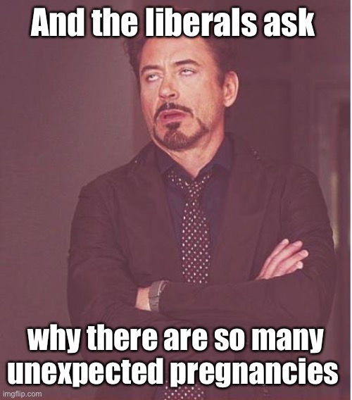 Face You Make Robert Downey Jr Meme | And the liberals ask why there are so many unexpected pregnancies | image tagged in memes,face you make robert downey jr | made w/ Imgflip meme maker