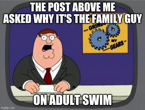 Peter Griffin News | THE POST ABOVE ME ASKED WHY IT'S THE FAMILY GUY; ON ADULT SWIM | image tagged in memes,peter griffin news | made w/ Imgflip meme maker