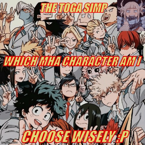 Eyitayos mha temp | WHICH MHA CHARACTER AM I; CHOOSE WISELY :P | image tagged in eyitayos mha temp | made w/ Imgflip meme maker