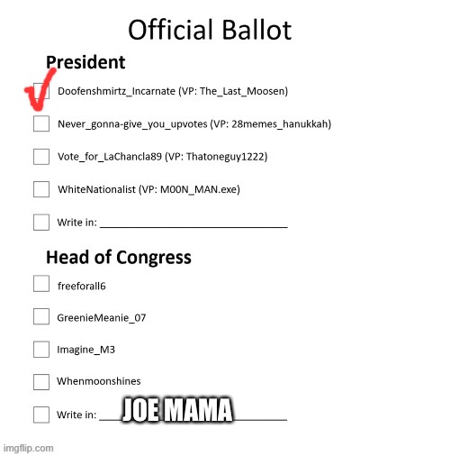 Who I would vote for in December. | JOE MAMA | made w/ Imgflip meme maker