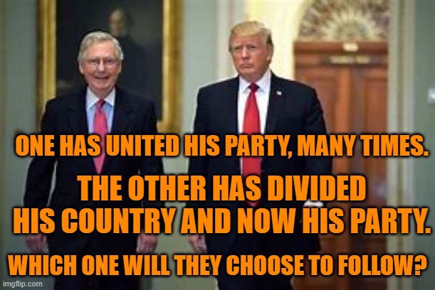Choose Trump!  Choose Trump!  Divided Republicans would be too sweet! | ONE HAS UNITED HIS PARTY, MANY TIMES. THE OTHER HAS DIVIDED HIS COUNTRY AND NOW HIS PARTY. WHICH ONE WILL THEY CHOOSE TO FOLLOW? | image tagged in politics | made w/ Imgflip meme maker