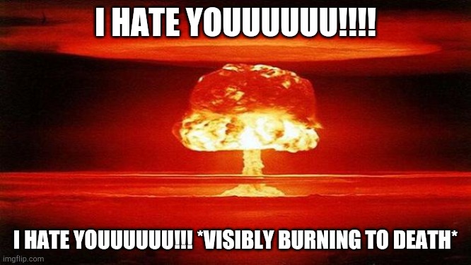 Atomic Bomb | I HATE YOUUUUUU!!!! I HATE YOUUUUUU!!! *VISIBLY BURNING TO DEATH* | image tagged in atomic bomb | made w/ Imgflip meme maker