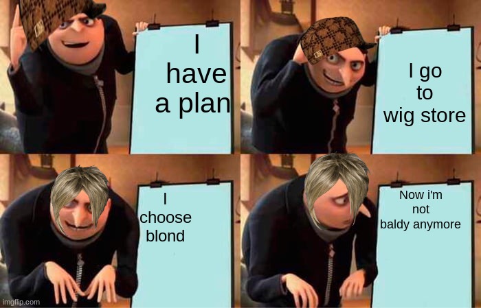 Gru's plan |  I have a plan; I go to wig store; Now i'm not baldy anymore; I choose blond | image tagged in memes,gru's plan | made w/ Imgflip meme maker