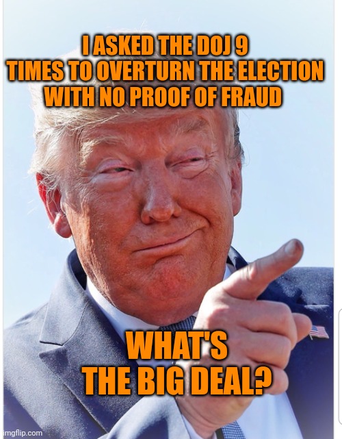 Trump pointing | I ASKED THE DOJ 9 TIMES TO OVERTURN THE ELECTION WITH NO PROOF OF FRAUD; WHAT'S THE BIG DEAL? | image tagged in trump pointing | made w/ Imgflip meme maker