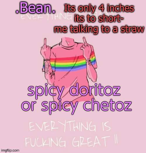 ik i spelt it wrong | spicy doritoz  or spicy chetoz | image tagged in beans gayer temp v2 | made w/ Imgflip meme maker